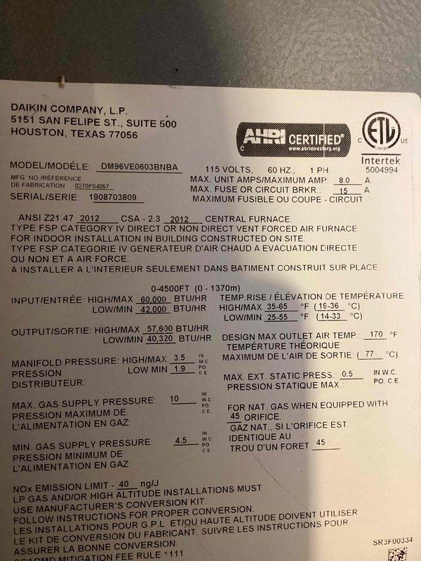 Completed annual heating maintenance visit on a 6-year-old Daikin DM96VE0603BHBA gas furnace (60,000 BTU input), along with inspection of one gas fireplace and one humidifier. Performed standard preventative maintenance procedures, verified system operation with temperature measurements showing proper airflow, and confirmed all equipment specifications are within manufacturer parameters. No repairs or adjustments were required at this time.