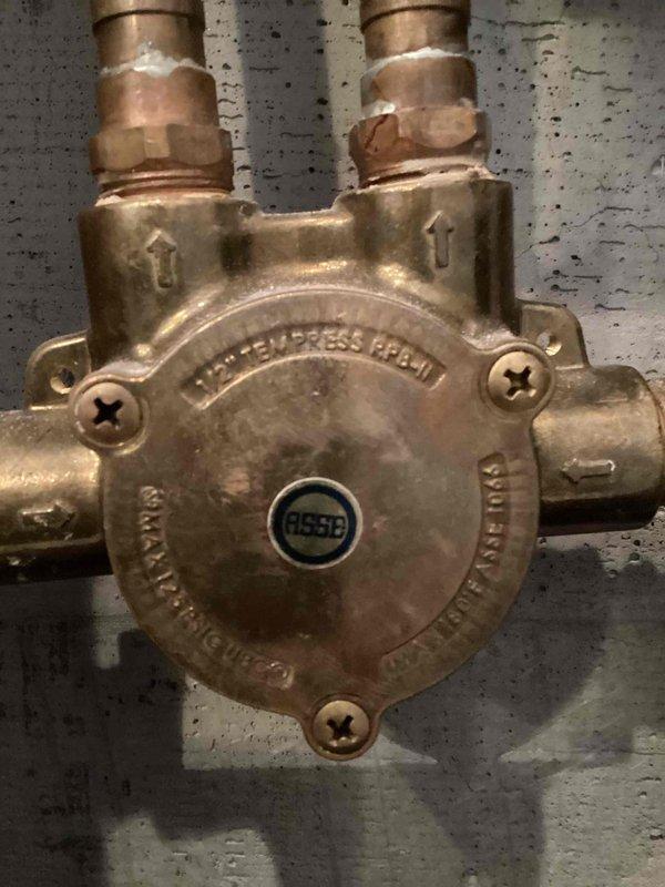 Responded to no hot water call and discovered shower valve cartridge failure preventing cold water flow. Accessed wall cavity to expose brass valve assembly and backflow preventer. Diagnosed faulty cartridge requiring replacement and sourced appropriate new cartridge to restore proper hot and cold water mixing function.