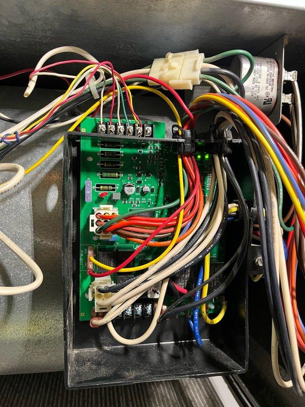 Replaced defective 2-stage furnace control board with new unit sourced from Johnstone supply. Upon installation, verified proper operation of both air conditioning and fan modes, confirming all control signals functioned correctly and system returned to normal operation.
