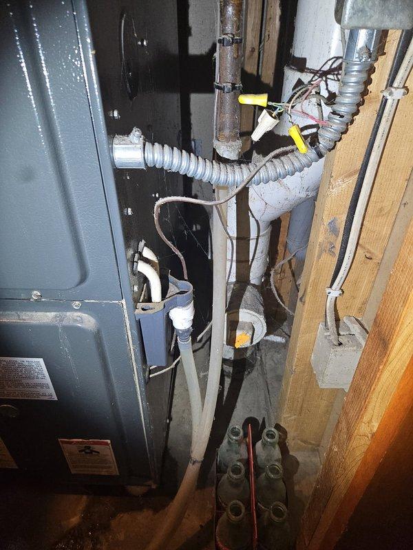 Performed comprehensive HVAC maintenance on 20-year-old system experiencing water leakage from secondary drain. Cleared plugged AC condensate drain line and addressed plugged secondary heat exchanger. Identified draft motor drawing maximum amperage, blower motor leaking oil, and improper drainage causing water discharge from auxiliary drain port. Recommended comfort advisor consultation due to multiple component issues requiring immediate attention including draft motor replacement, blower motor service, and heat exchanger evaluation.