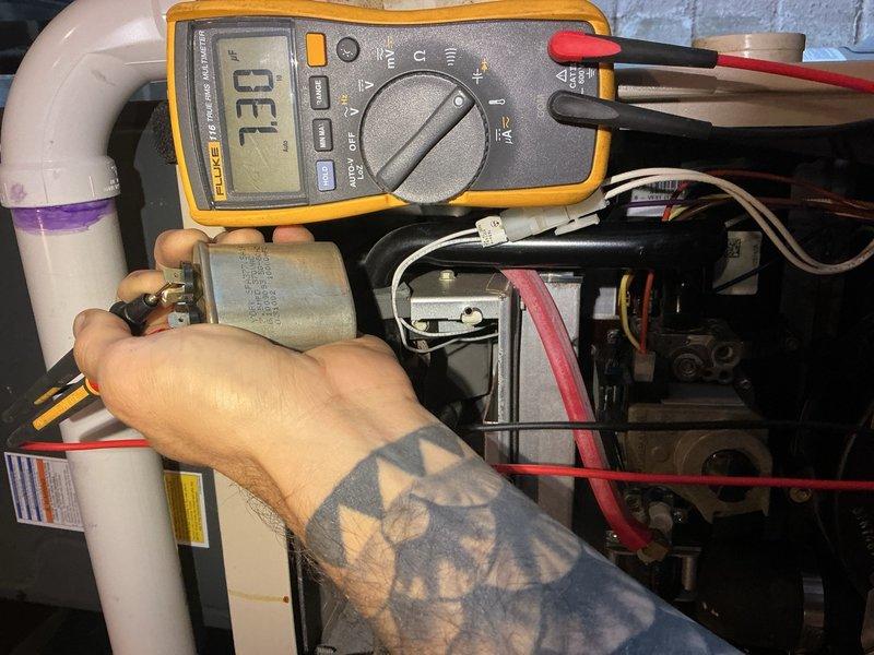 Completed scheduled heating maintenance on a 23-year-old Lennox 90% efficiency furnace. Performed comprehensive inspection of heat exchanger with satisfactory results. Cleaned burners, flame sensor, and flushed condensation trap and pump. Tested and verified capacitor within acceptable range, confirmed carbon monoxide levels safe, and verified gas pressure at proper specifications. Inspected air filter, blower motor, and blower wheel—all components operating properly. Conducted manometer readings and capacitor load testing as documented. System is winter-ready and operating efficiently, though age of unit requires continued routine maintenance to ensure reliability.