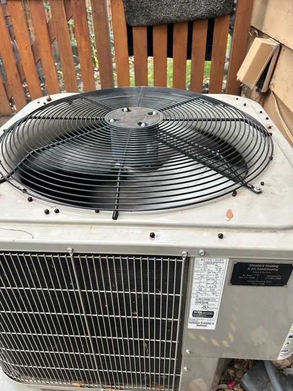 Responded to no cooling condition on 8-year-old residential air conditioning system. Upon inspection, diagnosed failed dual-run capacitor reading 0.0/4.4 mfd versus the required 45/5 mfd specification. Replaced defective capacitor with universal replacement unit. Verified refrigerant charge and system pressures, confirming proper levels with no leaks detected. Tested system operation and confirmed unit powered on successfully and delivering adequate cooling to occupied space.