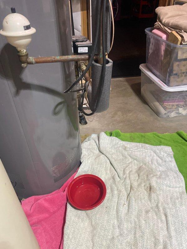 Responded to emergency water leak in basement caused by pinhole leak in 8-12 inch pipe located directly above the main water shutoff valve. Upon arrival, found water actively spraying from the compromised pipe section, resulting in significant water accumulation on the basement floor. Immediately shut off the main water supply to the home to stop the active leak and prevent further water damage. Assessed the affected pipe section and identified the pinhole leak location. Performed repair on the pinhole leak to restore pipe integrity. Documented the work site conditions and completed repairs, including the pipe section with metal bracket and clamp hardware securing the vertical pipe run near the water heater or utility equipment area.