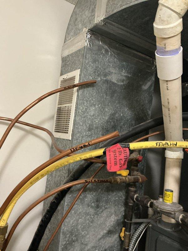 Responded to gas service disconnection where utility company identified two uncapped gas lines requiring immediate attention. Successfully capped gas supply lines for both the clothes dryer and kitchen range per safety requirements to allow gas service restoration to the property. Both copper gas line terminations were properly sealed and secured to meet code compliance standards.