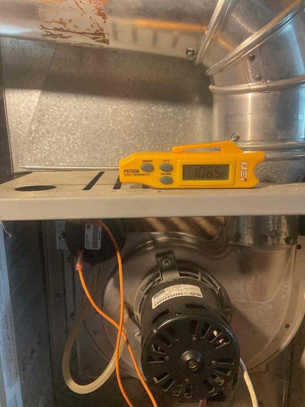 Responded to no cooling call and performed scheduled AC tune-up. Upon inspection, discovered cracked heat exchanger, broken flame sensor, low refrigerant levels, and failed capacitor. Due to the combination of critical safety issues with the heat exchanger, multiple component failures, and the age of the unit making repairs cost-prohibitive, recommended complete system replacement. Documented conditions with diagnostic photos showing equipment deterioration and temperature readings.