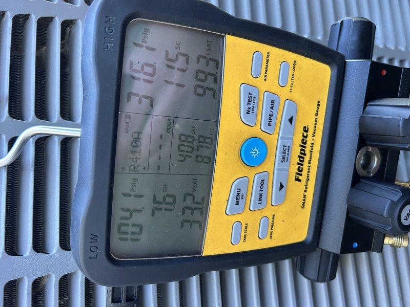 Responded to warranty callback for no cooling and water discharge following recent evaporator coil and TXV replacement. Found refrigerant pressures within specification and no active failures present at time of inspection. Performed airflow diagnostics and system evaluation on aging zone system with deteriorated plenum and damper controls. Basement zone thermostat set to 63° with restricted airflow noted. Unable to duplicate intermittent symptoms; suspect potential blower motor degradation or zone damper malfunction causing periodic issues. System requires monitoring for definitive failure before further repairs can be effectively addressed on this pieced-together installation.