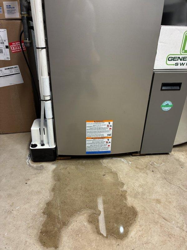 Responded to a recurring water leak issue at the base of the HVAC system. Upon inspection, found moisture accumulation beneath the condensate pump, indicating pump failure. Replaced the defective condensate pump with a new unit and verified proper drainage operation. System tested and confirmed operating correctly with no further water leakage observed.
