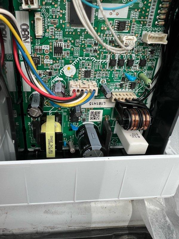 Responded to service call for non-operational MSZ-GX09NL mini-split indoor head unit with failed control board. Removed and replaced defective PCB and associated electrical components in the indoor head unit. Verified all wire connections and proper terminations on the heat pump system. Cycled unit through operational modes to confirm proper function, then adjusted vane positions and fan speed settings to manufacturer specifications. System restored to full operation under parts and labor warranty coverage.