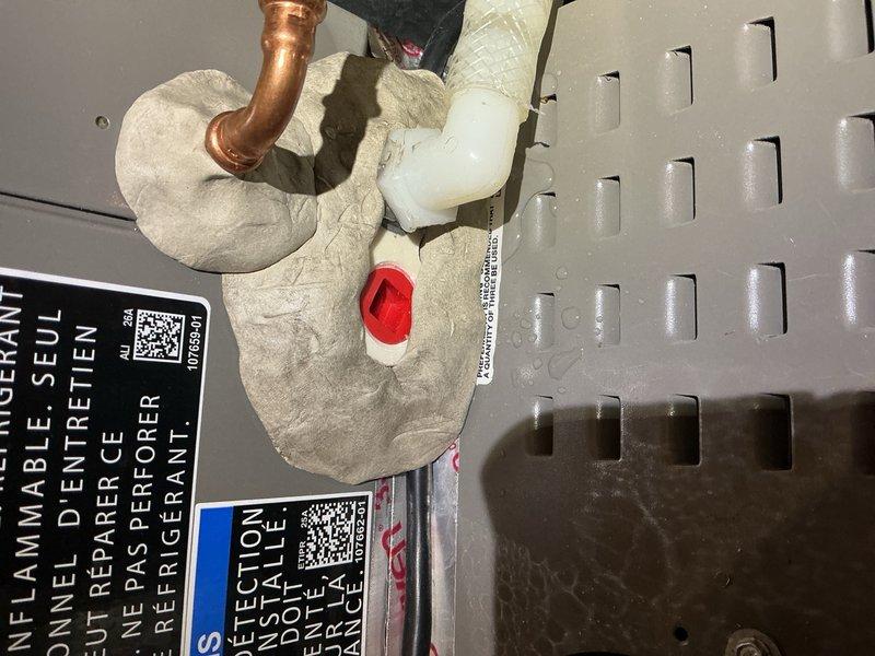 Responded to warranty call for newly installed AC system experiencing water leakage in furnace room and evaporator coil freezing. Upon arrival, found frozen evaporator coil with water draining from furnace onto floor, causing damage to flooring and surrounding area. Allowed coil to thaw completely before proceeding with diagnostics. Replaced dirty/incorrect air filter that was restricting airflow and contributing to freeze-up condition. Performed comprehensive system inspection including blower assembly, evaporator coil, TXV operation, and thermostat settings. Adjusted blower fan speeds to optimize airflow across evaporator coil. Verified refrigerant charge levels and pressures within manufacturer specifications. Cycled system through complete cooling operation and confirmed proper function with no freezing or water leakage. System returned to normal operation with adequate airflow and proper drainage.