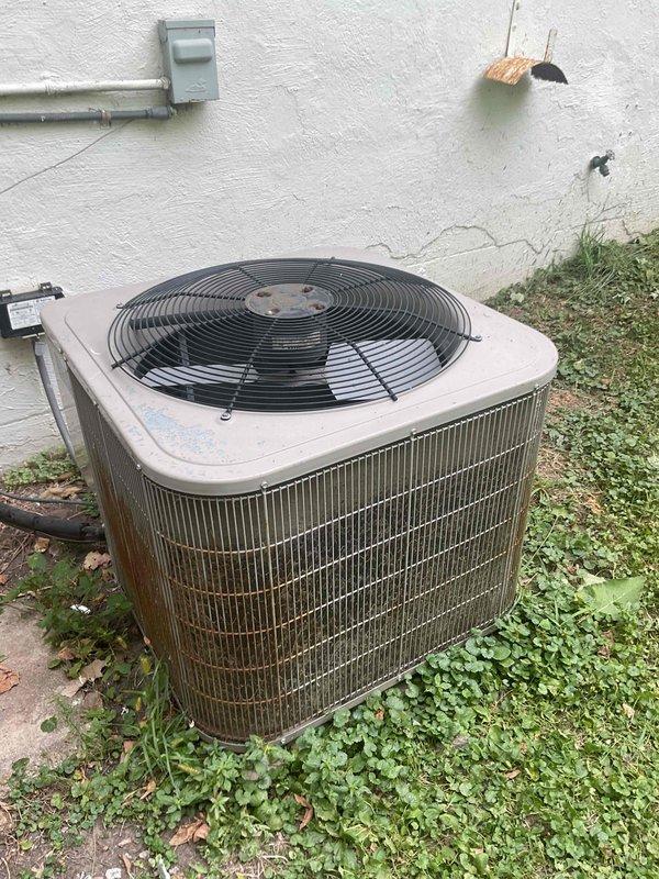 Responded to no cooling complaint on 20+ year old outdoor condensing unit. Diagnosed failed capacitor as cause of system failure. Replaced defective capacitor to restore cooling operation. Advised customer that due to advanced age of equipment, system replacement should be considered in near future to avoid additional repair costs and potential complete system failure.