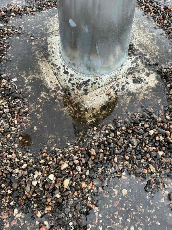 Responded to active water leak in condo unit caused by unsealed roof vent penetration. Upon inspection, identified compromised roof flashing around cylindrical vent pipe allowing water infiltration through ceiling vent into living space. Accessed roof to assess vent boot condition and found deteriorated seal at pipe penetration point with visible moisture pooling around concrete base and surrounding gravel surface. Documented extensive water damage and standing water conditions at roof level. Roof-mounted plumbing vent required immediate attention to prevent continued interior water intrusion and further ceiling damage.