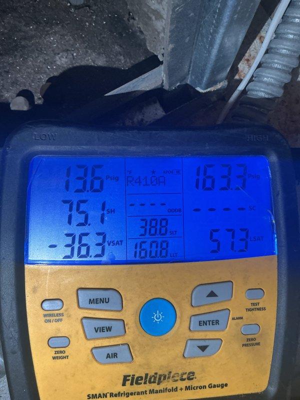 Responded to no cooling complaint on 20+ year old Skymark magic pack system. Upon arrival, found unit running with no blower operation and no airflow through vents. Diagnostic testing revealed system was significantly low on refrigerant charge, resulting in frozen evaporator coil that blocked airflow. Used refrigerant manifold gauges to confirm low charge and identify leak in the system, likely located at the evaporator coil. System operates on obsolete R22 refrigerant. Further inspection of heat exchanger revealed visible rust deterioration with areas rusted through and potential cracks, creating safety concerns. Due to age of equipment, obsolete refrigerant type, refrigerant leak requiring coil replacement, and compromised heat exchanger integrity, recommended full system replacement rather than repair. Scheduled estimate appointment for new magic pack system installation.