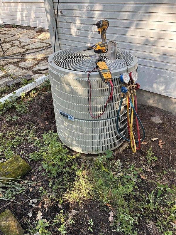 Responded to no cooling call on 1988 R22 system and diagnosed plugged condenser coil and failed capacitor. Due to advanced age of equipment, presented both replacement and repair options to customer. Customer elected to proceed with repairs, so replaced capacitor and disassembled and thoroughly cleaned condenser coil. System pressures verified within acceptable range post-service with 17-degree temperature split across evaporator coil, confirming adequate cooling operation restored, though longevity of aging unit cannot be guaranteed.