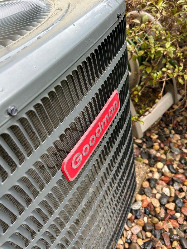 Responded to a no cooling complaint on a 12-year-old Goodman air conditioning system. Diagnosed and replaced a faulty dual run capacitor that was reading 4.9/5 mfd instead of the rated 50/5 mfd, restored cooling operation, cleaned outdoor coil, inspected air filter, verified proper temperature split across the evaporator, and checked all electrical connections for tightness and proper operation.