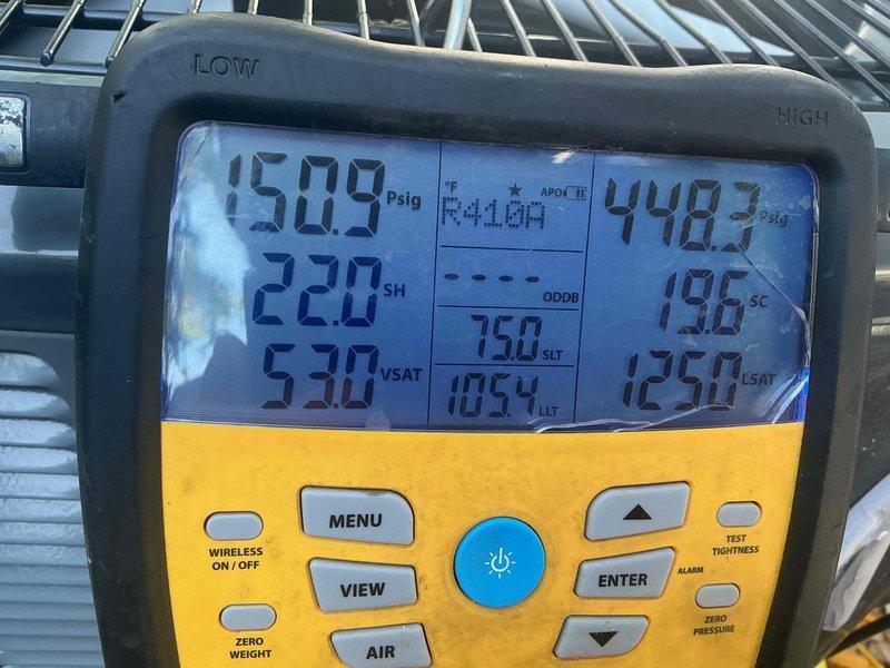 Responded to service call for 3-year-old Lennox central air conditioning unit with inadequate cooling performance. Upon arrival, diagnostic testing revealed abnormally high refrigerant pressures. Removed heavily soiled and restrictive air filter, recommended monthly filter replacement schedule to occupant. Adjusted blower motor speeds to proper settings matching system tonnage specifications. Performed thorough cleaning of outdoor condenser coils which were heavily blocked with cottonwood debris. Following coil cleaning, filter removal, and blower speed adjustments, refrigerant pressures returned to normal operating range and system cooling capacity was fully restored to manufacturer specifications.