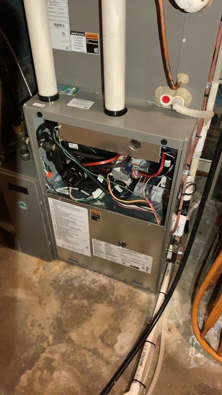 Completed scheduled maintenance on 2023 Lennox SLP furnace under maintenance plan agreement. Performed comprehensive inspection of internal components, burner assembly, and heat exchanger with no spiderwebs or debris found. Removed insects restricting evaporator drain pan, flushed drain line with 100 oz of water to ensure proper condensate removal, and verified unobstructed flow. Tested system operation through S30 thermostat and confirmed all functions operating within normal parameters. Noted construction-related dust accumulation in supply ductwork and recommended professional duct cleaning to improve air quality and system efficiency.