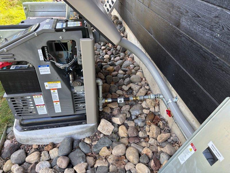 Completed generator maintenance and electrical repairs including sealing entry holes, running separate communication wire, and repairing rodent-damaged wiring. Performed comprehensive system inspection of the Kohler generator unit and coordinated remote monitoring setup requiring controller PIN configuration for access.
