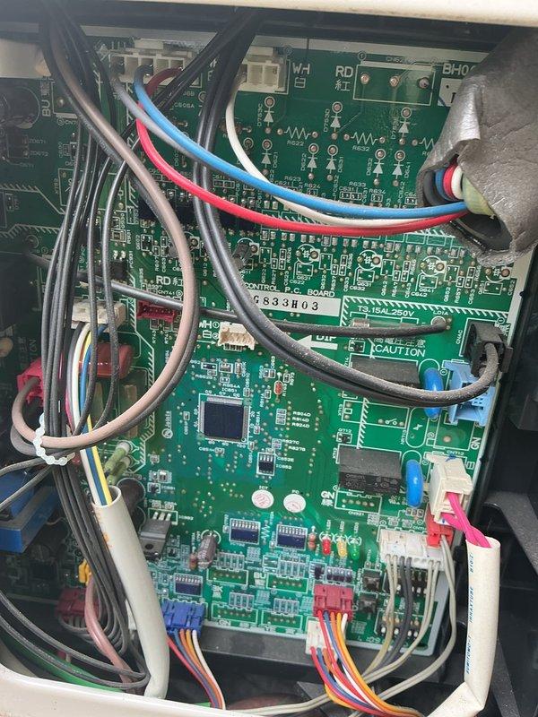 Responded to no cooling complaint on ceiling-mounted mini-split system. Upon arrival, observed outdoor unit fan motor operating briefly for approximately 30 seconds before shutting down, with compressor failing to engage. Performed diagnostic testing including voltage verification from control board to compressor and resistance testing across all three compressor windings (U, V, W) at both the harness connection and directly at the compressor terminals. All windings measured open line (OL), confirming compressor failure. Submitted parts request for compressor replacement and provided estimate for repair.