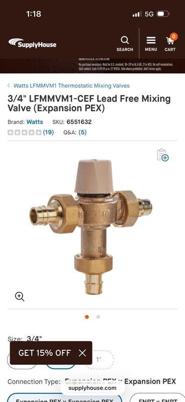 Responded to complaint of inadequate hot water supply to bathtub in home with dual water heater system consisting of 6-8 year old tanked natural gas unit connected to 3-4 year old tankless natural gas unit. Diagnosed faulty mixing valve on primary bathroom bathtub as cause of hot water loss. Replaced defective mixing valve with 3/4" lead-free thermostatic mixing valve. Tested installation for proper operation and leaks, confirming sustained hot water delivery for 5-10 minutes of continuous flow. Left system in full operational service with no issues detected.