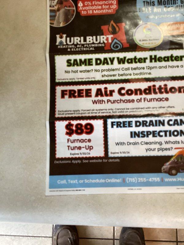 Completed preventive maintenance tune-up on older furnace system per promotional offer. Performed standard inspection and maintenance procedures with no issues found or repairs required at time of service.