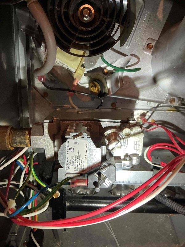 Completed annual maintenance inspection on a 9-year-old Bryant furnace. Verified ignition and flame safety systems, gas valve operation, burner performance, and draft motor function. Cleaned flame sensor, replaced air filter, and confirmed blower wheel condition. Performed combustion analysis with satisfactory results and verified temperature rise at 41 degrees within manufacturer specifications. Heat exchanger shows age-related temperature stress and surface rust but no cracks or openings detected at this time; recommend annual inspections to monitor for deterioration.