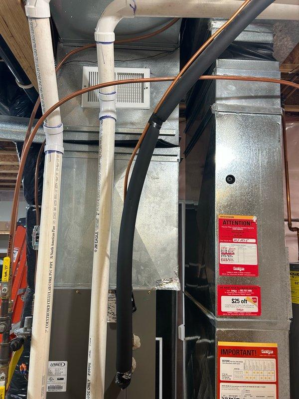 Completed comprehensive furnace tune-up on 10-year-old unit, performing full system inspection including thermostat operation, air filter condition, blower assembly, burner/heat exchanger compartment, inducer operation, ignition system, flame sensor, safety controls, electrical components, condensate drain, and temperature rise verification. Cleaned flame sensor, cleared condensate drain line of blockage, removed debris from burner compartment, and cleared both pressure tube and condensate tube to ensure proper drainage and system operation. All operational readings confirmed within normal parameters with no mechanical deficiencies or safety concerns identified; system verified operating properly and ready for heating season.