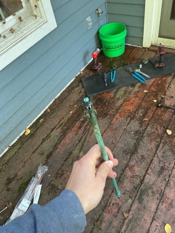 Responded to exterior hose bibb leaking when in the closed position. Upon inspection, determined the valve stem was worn and causing the leak rather than requiring full fixture replacement. Removed the existing stem assembly and installed a new replacement stem. Tested the hose bibb after installation and confirmed proper operation with no leaking when valve was closed. Homeowner reported a separate leak issue at their well location and indicated they would be contacting a well specialist for that repair.