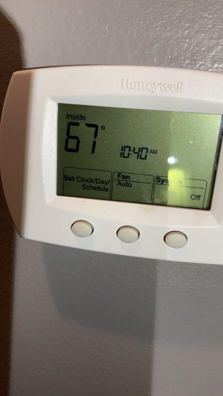 Performed comprehensive maintenance on four-year-old Lennox EL296 furnace including verification of gas pressure and temperature rise within specifications, flame sensor cleaning, electrical terminal tightening, and condensate trap flushing with 40 oz of water. Cleared spiderwebs from exhaust termination and confirmed all remaining system components operating normally. Replaced Aprilaire humidifier pad and 16 × 20 × 1 air filter. Secured loose thermostat subbase with anchors and advised homeowner that thermostat batteries will require more frequent replacement due to lack of available conductor for common wire installation.