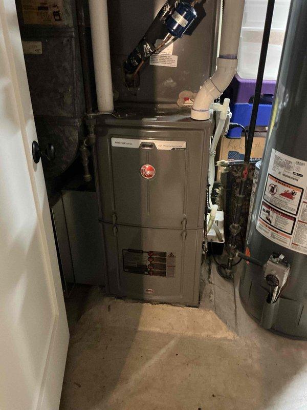 Performed comprehensive preventative maintenance on 9-year-old Rheem furnace system. Conducted full system inspection including ignition system verification, flame safety testing, gas valve operation check, burner inspection, blower wheel cleaning assessment, control board diagnostics, heat exchanger examination, combustion analysis, and temperature rise measurements. Replaced air filter and confirmed all components operating within manufacturer specifications with no deficiencies identified.
