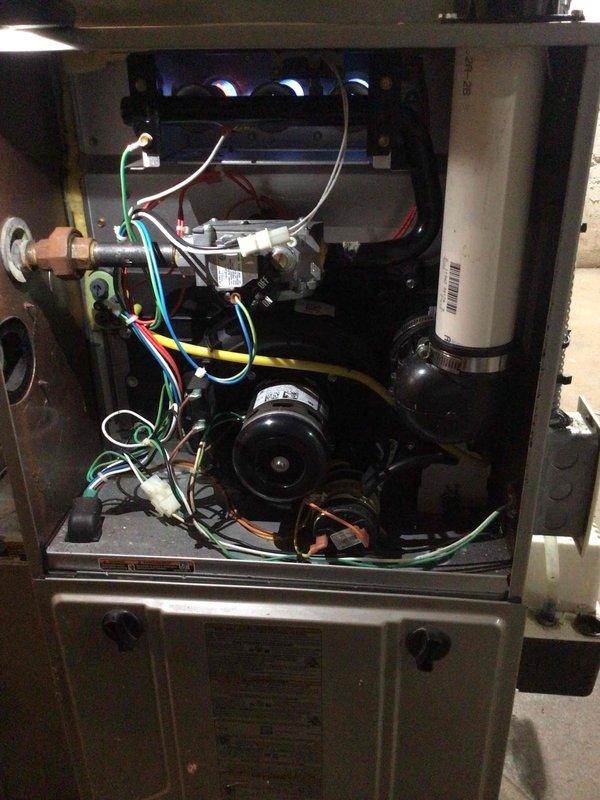 Completed comprehensive furnace tune-up and maintenance on residential HVAC system. Discovered and removed dead rodents (bats and mouse) from unit interior and identified deteriorated return ductwork in basement area caused by moisture damage from water exposure at front door return vent. Cleaned accumulated rust particles and debris from affected components, verified all mechanical and electrical systems functioning properly, and confirmed proper burner operation and airflow throughout system.