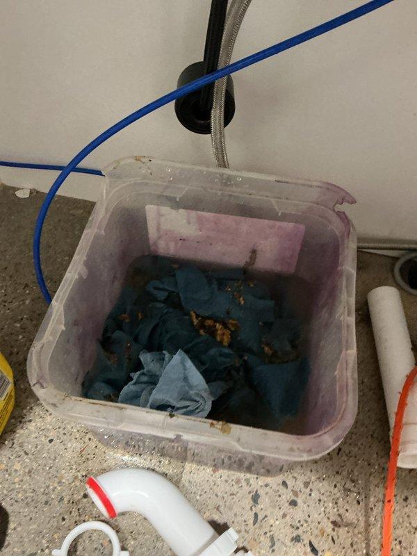Responded to a clogged break room sink that was backing up with debris. Upon inspection, removed the tubular trap and discovered significant accumulation of grease and food debris throughout the drain line. Manually cleared all debris from the tubular section, then used a drain cable to clear the entire drain line from the fixture to the mainline connection. Successfully dislodged and flushed a large volume of food waste and grease buildup that had caused the blockage. Reassembled all components and performed operational testing to verify proper drainage and flow. System restored to full working order with no backup issues observed.