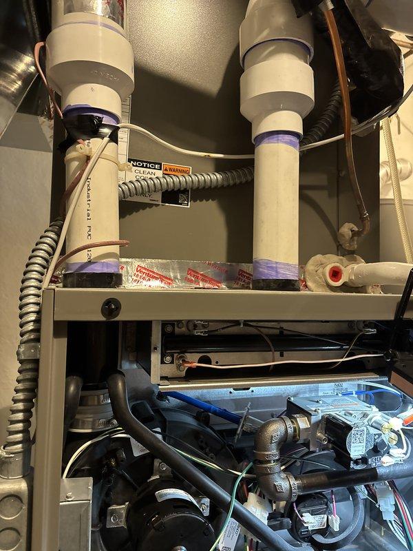Performed comprehensive maintenance on a 2-year-old furnace system. Verified thermostat operation and inspected indoor air handler components including filter, condensate drain, blower motor, inducer motor, capacitor, and electrical wiring—all found in acceptable condition. Evaluated temperature split, heat exchanger integrity, igniter, flame sensor, and gas pressure, confirming proper operation. Discovered significant rust and corrosion on burner assembly attributed to moisture and humidity infiltration from the fresh air intake feeding directly into the combustion chamber. Recommended burner replacement under warranty coverage; customer declined service at this time and estimate was provided for future consideration. System currently operating within normal parameters despite burner condition.