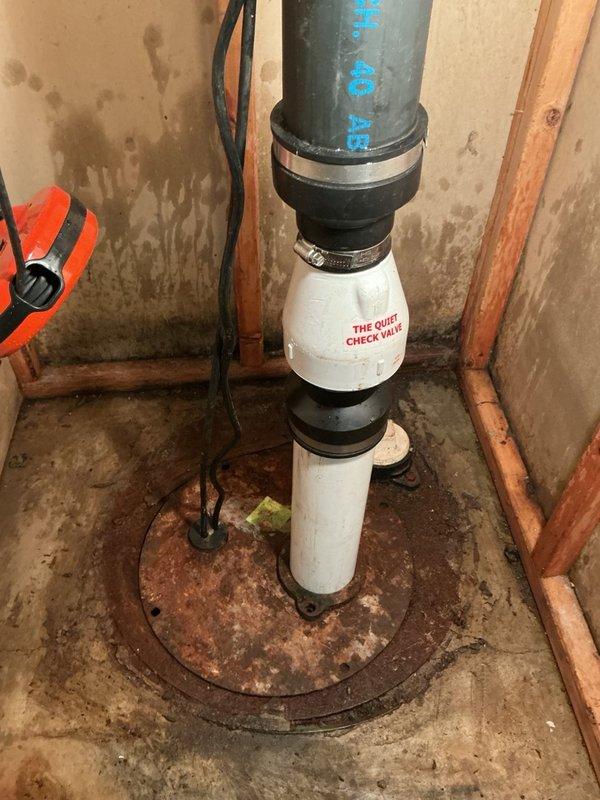 Installed a new sewage ejector pump system up to 1/2 HP with complete float switch assembly to remove black water sewage and maintain proper flow to the absorption area. Replaced check valve assembly using 2" PVC piping with up to 3 feet of connections, incorporating "The Quiet Check Valve" technology with rubber coupling connectors to gray metal discharge piping. Float switch positioned above potential flood level to ensure reliable pump activation and prevent water damage in basement area.