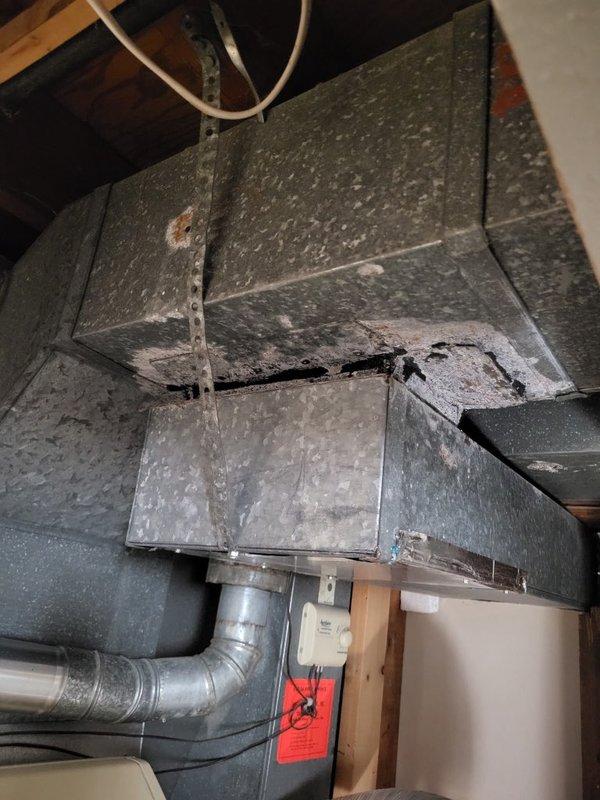 Performed furnace maintenance inspection on a 23-year-old Bryant heating system. Upon examination, discovered a failed heat exchanger with visible nodules present, indicating a critical safety concern requiring immediate attention. Inspection was halted at homeowner's request as they decided to proceed with full system replacement. Documented equipment condition with photographs showing the furnace unit with Aprilaire whole-house humidifier and associated ductwork in basement utility area. Additional photos captured attic ductwork assembly showing age-related deterioration and dust accumulation. Noted mildew odor present when air conditioning operates, likely related to condensate drainage issues. Observed humidifier leaking and drain tube requiring thorough cleaning. Furnace filter was found to be excessively dusty. Recommended comfort advisor consultation for system replacement options due to failed heat exchanger rendering current unit unsafe for operation.
