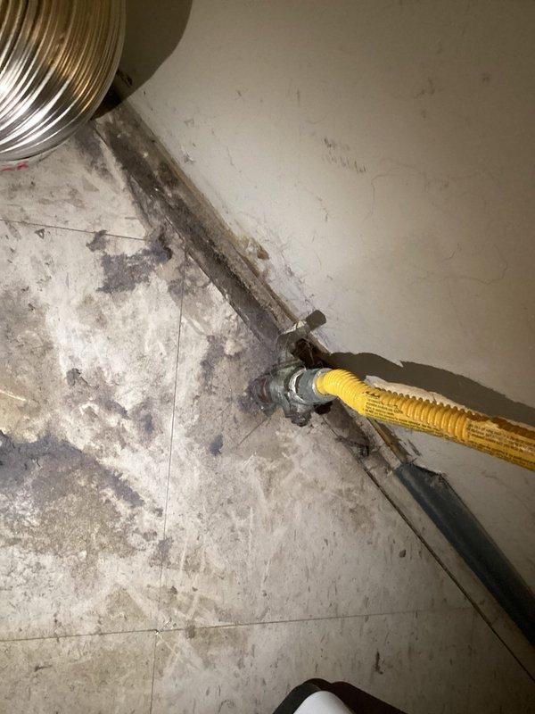 Responded to gas line service call for valve replacement required before dryer installation by appliance store. Upon inspection, determined existing gas valve needed replacement but necessary part was not available on service vehicle. Shut off gas supply at exterior shut-off valve to ensure safety. Scheduled return visit for following day to complete valve replacement once proper equipment obtained from warehouse.