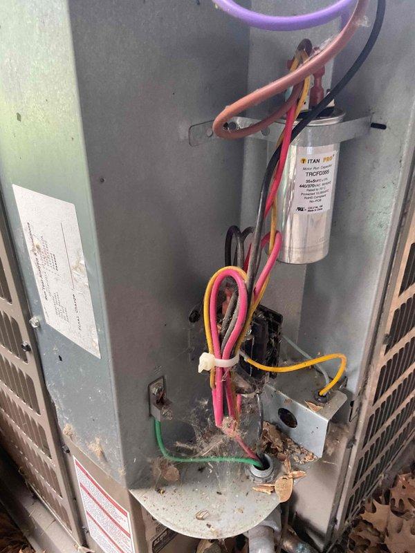 Completed comprehensive tune-up service on HVAC system including both air conditioning and furnace components. Identified and replaced a failing capacitor that was testing below acceptable specifications. Cleaned debris from unit interior and verified all electrical connections and system controls are functioning properly.