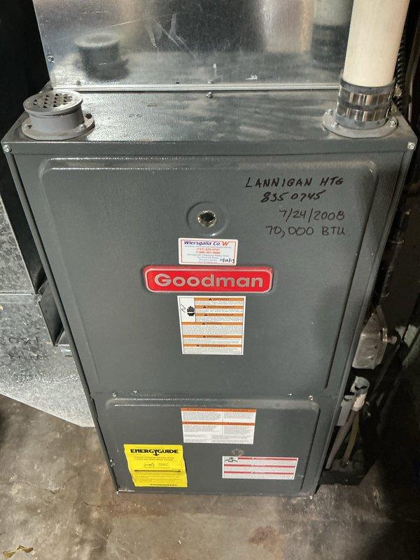 Completed comprehensive furnace maintenance on an 18+ year old Goodman unit rated at 70,000 BTU serving approximately 1,000 square feet of conditioned space. Performed standard tune-up procedures including inspection of heat exchanger, which showed no signs of cracking or deterioration. System is significantly oversized for the application with a 14x20 return air configuration. All components are functioning properly with no immediate concerns identified. Recommended duct cleaning services and comfort assessment due to system oversizing affecting efficiency and comfort delivery.