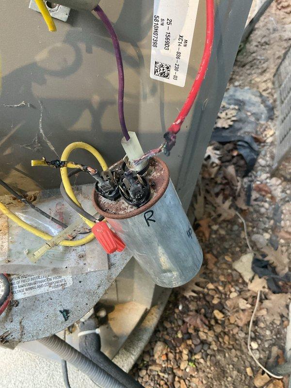 Completed comprehensive AC and furnace tune-up as part of maintenance agreement. During inspection, discovered capacitor with severely burned and corroded terminal connections that had shorted out, causing circuit breaker to trip. Upon further diagnosis, found compressor had failed with dead short to ground. Heavy debris accumulation noted throughout unit interior. Documented equipment condition with photos showing extent of capacitor damage and compressor failure. Recommended pricing for compressor replacement and scheduled comfort advisor consultation to evaluate full AC system replacement options due to severity of component failures.