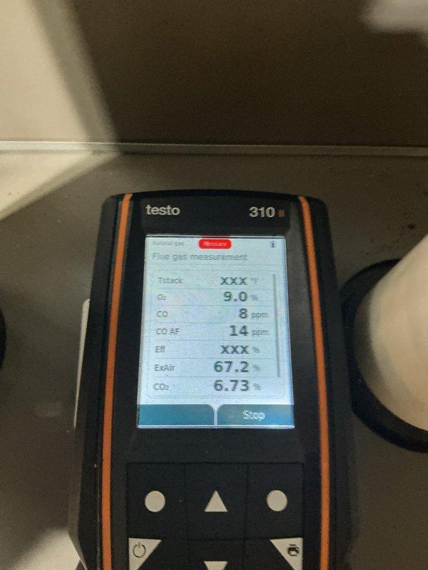 Completed comprehensive furnace maintenance on a 3-year-old system in preparation for extended seasonal absence. Performed standard tune-up procedures including blower wheel inspection and combustion analysis using calibrated flue gas analyzer, which confirmed optimal performance with oxygen levels at 9.0%, carbon monoxide at 8 ppm, and carbon dioxide at 6.73%. System is operating within manufacturer specifications with no deficiencies noted at this time.