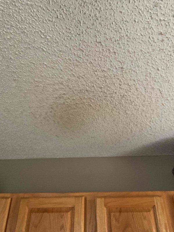 Responded to a potential water leak concern originating from above the ceiling. Upon arrival, conducted visual inspection of the affected area where customer suspected piping issues within the ceiling cavity. Identified visible water staining and discoloration on textured ceiling surface near ceiling-mounted light fixture, indicating historical or active moisture intrusion. Water supply to the home remained operational during inspection as no emergency shutoff was required. Documented existing water damage patterns and ceiling conditions through photographic evidence. Assessed the ceiling-to-wall junction and surrounding cabinetry area for additional moisture indicators. Recommended installation of access panel in ceiling to allow direct inspection of concealed plumbing lines and proper diagnosis of leak source. Customer expressed interest in access panel installation to facilitate ongoing monitoring and future repairs of suspected pipe leak.