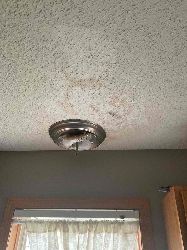 Responded to a potential water leak concern originating from above the ceiling. Upon arrival, conducted visual inspection of the affected area where customer suspected piping issues within the ceiling cavity. Identified visible water staining and discoloration on textured ceiling surface near ceiling-mounted light fixture, indicating historical or active moisture intrusion. Water supply to the home remained operational during inspection as no emergency shutoff was required. Documented existing water damage patterns and ceiling conditions through photographic evidence. Assessed the ceiling-to-wall junction and surrounding cabinetry area for additional moisture indicators. Recommended installation of access panel in ceiling to allow direct inspection of concealed plumbing lines and proper diagnosis of leak source. Customer expressed interest in access panel installation to facilitate ongoing monitoring and future repairs of suspected pipe leak.