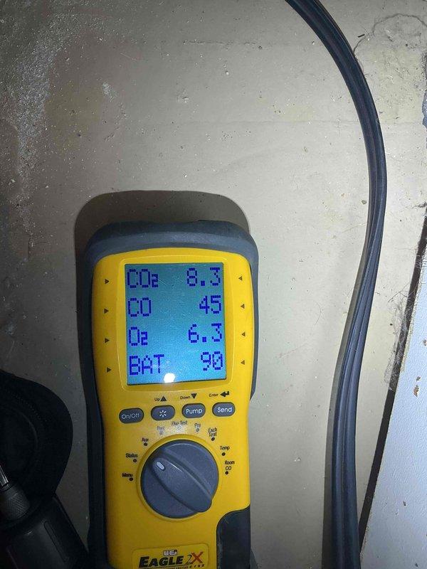 Completed annual fall heating maintenance visit on Amana furnace unit and humidifier per preventative maintenance agreement. Performed comprehensive inspection including combustion analysis, which confirmed proper operation with O₂ levels at 8.3% and CO at 45 ppm. Verified all mechanical components, venting system, PVC condensate drainage, electrical connections, and refrigerant lines. Unit found operational with no deficiencies noted.