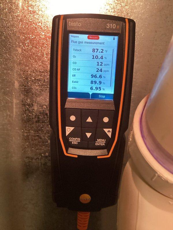 Completed seasonal furnace tune-up and maintenance on a 1-year-old propane conversion unit in preparation for winter heating season. Performed comprehensive combustion analysis using flue gas analyzer, confirming optimal system performance with efficiency reading of 96.6%, oxygen level at 10.4%, and carbon monoxide at 12 ppm within safe operating parameters. System verified to be operating properly with no issues identified or repairs required.