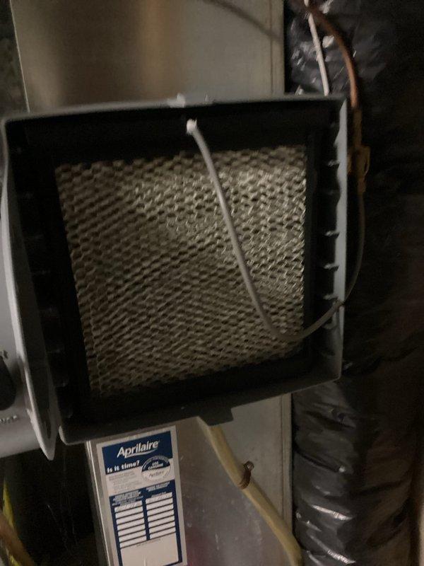 Completed comprehensive furnace maintenance and tune-up on heating system of unknown age. Performed standard inspection protocol revealing low ignitor reading requiring monitoring for potential future replacement. Heat exchanger inspection identified visible wear and tear patterns consistent with extended use, though system remains operational at this time. Inspected humidifier unit with evaporator pad and water supply line, confirming proper installation and function. Examined ductwork and ventilation components throughout system. System currently functioning properly with heat output as expected, though noted components show signs of aging that may require attention in future service intervals.