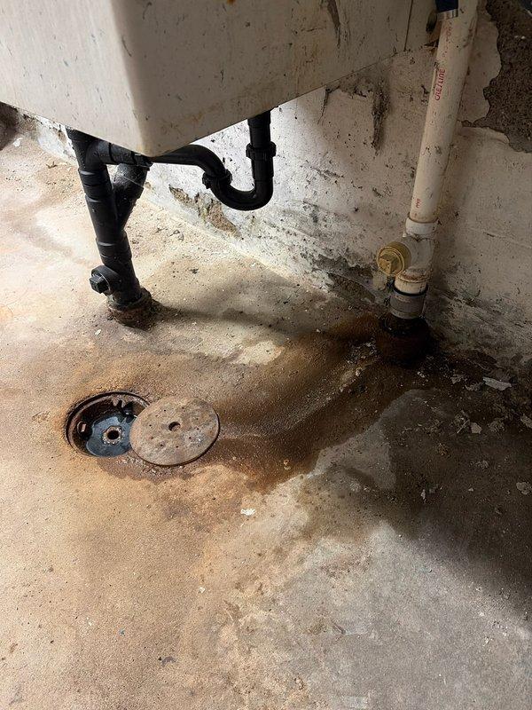 Responded to service call for intermittent floor drain backup in basement utility area. Upon inspection, identified floor drain with compromised metal grate and evidence of recurring water accumulation, as indicated by significant staining and discoloration on surrounding concrete floor. Assessed upstairs sink drain that had separated from cast iron connection at or below floor level, requiring attention in conjunction with floor drain issues.

Performed diagnostic evaluation of drainage system and determined floor drain required complete replacement. Evaluated existing plumbing configuration, including connection points to cast iron branch drain stacks. Provided comprehensive quote for floor drain replacement and repiping work to reconnect drainage system back to existing branch drain stacks. Documented conditions with photographs showing water damage patterns, drain condition, and overall plumbing layout in utility space. Also discussed water heater maintenance options as requested.
