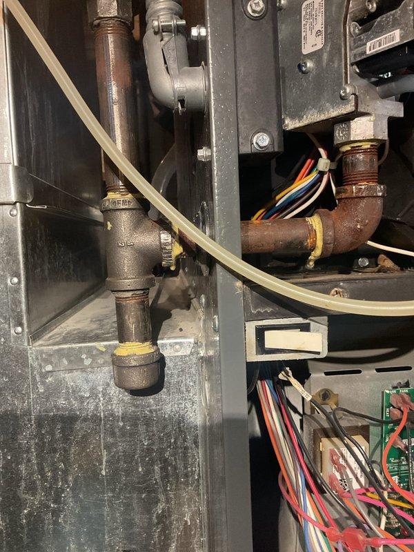 Responded to previously diagnosed gas leak at furnace. Disassembled all gas pipe fittings in the furnace area, applied fresh pipe dope to all threaded connections, and reassembled. Performed thorough leak check of all repaired connections with no leaks detected, confirming successful repair of gas system.