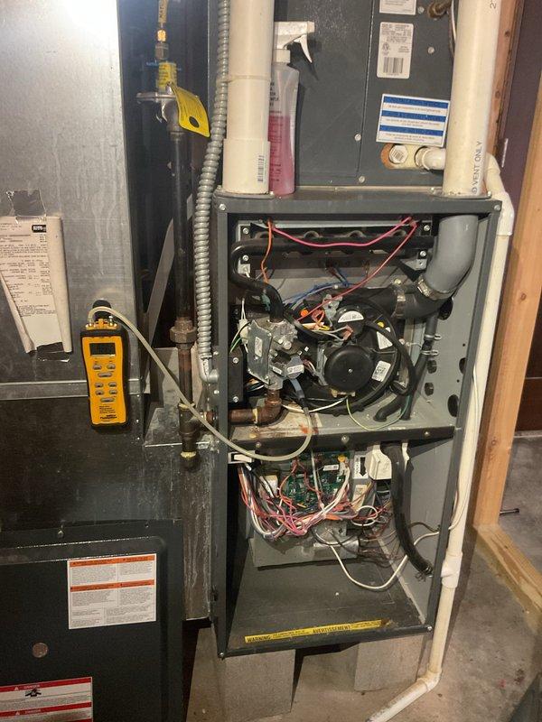 Responded to previously diagnosed gas leak at furnace. Disassembled all gas pipe fittings in the furnace area, applied fresh pipe dope to all threaded connections, and reassembled. Performed thorough leak check of all repaired connections with no leaks detected, confirming successful repair of gas system.