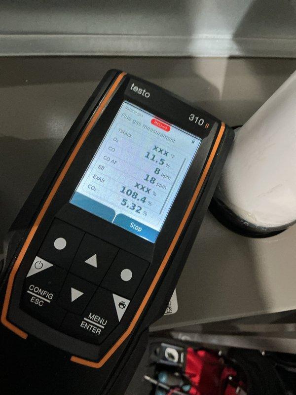 Completed annual furnace tune-up and maintenance on a 2-year-old heating system. Performed comprehensive combustion analysis using Testo 310 analyzer, which confirmed proper system operation with acceptable efficiency, oxygen, and carbon monoxide levels. System currently functioning properly with no repairs required at this time.