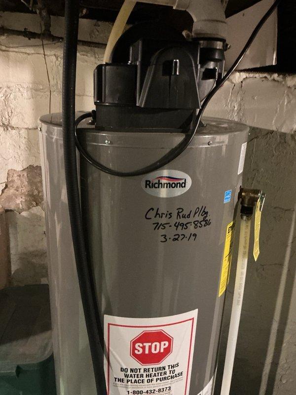 Responded to no hot water complaint at residential property. Upon arrival, diagnosed 6-year-old Richmond model 6GR40PVEZ-40 gas water heater producing only warm water. Unit displayed error code indicating faulty flammable vapor sensor (FVS). Performed diagnostic testing to confirm sensor malfunction preventing proper burner operation. Documented unit specifications and serial number for parts pricing. Photographed water heater installation, manufacturer data plate, and warning labels for service records. Presented replacement options to customer and provided estimate for new water heater installation. Customer requested additional pricing for repair parts to restore current unit to operation rather than full replacement. Awaiting customer decision on repair versus replacement before proceeding with corrective action.