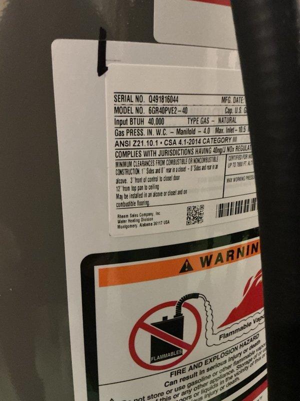 Responded to no hot water complaint at residential property. Upon arrival, diagnosed 6-year-old Richmond model 6GR40PVEZ-40 gas water heater producing only warm water. Unit displayed error code indicating faulty flammable vapor sensor (FVS). Performed diagnostic testing to confirm sensor malfunction preventing proper burner operation. Documented unit specifications and serial number for parts pricing. Photographed water heater installation, manufacturer data plate, and warning labels for service records. Presented replacement options to customer and provided estimate for new water heater installation. Customer requested additional pricing for repair parts to restore current unit to operation rather than full replacement. Awaiting customer decision on repair versus replacement before proceeding with corrective action.